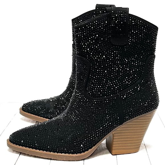 New Black Rhinestone Cowboy Ankle Boots Western Booties - Picture 2 of 8